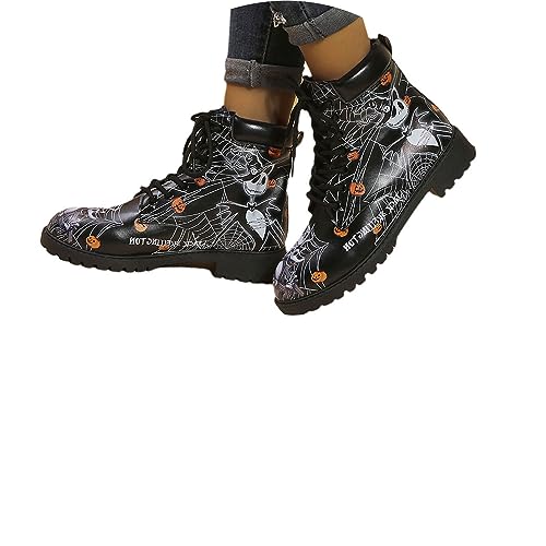 tinetill Stiefeletten Damen Gothic Chelsea Stiefel Halloween Kurze Stiefel Retro Drucken Winterstiefel Punk Biker Boots Schnüren Reißverschluss Motorrad Stiefel Niedrige Knöchel Stiefel von tinetill