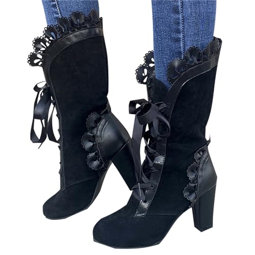 tinetill Stiefeletten Damen Viktorianische Stiefel Gothic Punk PU Lederstiefel Vintage Halbschaft Stiefel Spitz Stiefeletten Niedrige Absatz Party Kostümstiefel Reißverschluss Ankle Boots von tinetill