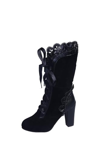 tinetill Stiefeletten Damen Viktorianische Stiefel Gothic Punk PU Lederstiefel Vintage Halbschaft Stiefel Spitz Stiefeletten Niedrige Absatz Party Kostümstiefel Reißverschluss Ankle Boots von tinetill