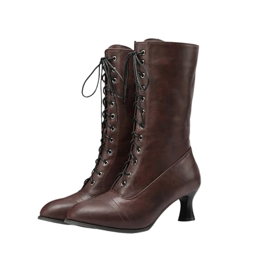 tinetill Stiefeletten Damen Viktorianische Stiefel Gothic Punk PU Lederstiefel Vintage Halbschaft Stiefel Spitz Stiefeletten Niedrige Absatz Party Kostümstiefel Reißverschluss Ankle Boots von tinetill