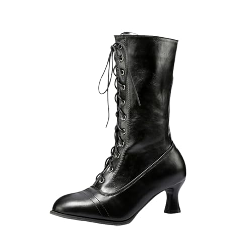 tinetill Stiefeletten Damen Viktorianische Stiefel Gothic Punk PU Lederstiefel Vintage Halbschaft Stiefel Spitz Stiefeletten Niedrige Absatz Party Kostümstiefel Reißverschluss Ankle Boots von tinetill