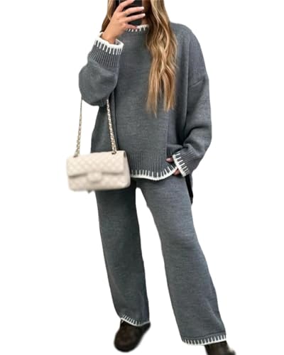 tinetill Strickanzug Damen Set 2 Teiliges Jogginganzug Zweiteiler Loungewear Outfit Set Gestrickt Freizeitanzug Strickpullover + Hohe Taille Hosen Elastische Trainingsanzug Sportanzug von tinetill