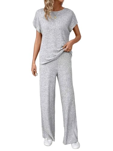 tinetill Strickanzug Damen Set Zweiteiler Gerippt Strick Lounge Set Kurzarm Weich Strickpullover und Schlaghose Trainingsanzug Freizeit Hausanzug von tinetill