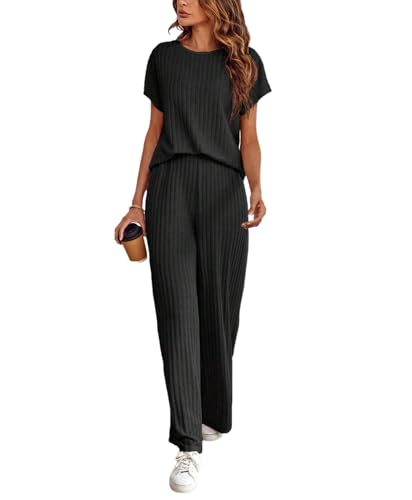 tinetill Strickanzug Damen Set Zweiteiler Gerippt Strick Lounge Set Kurzarm Weich Strickpullover und Schlaghose Trainingsanzug Freizeit Hausanzug von tinetill