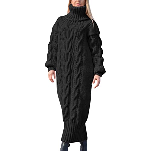 tinetill Strickkleid für Damen Winterkleider Elegant Warm Langarm Oversize Grobstrick Pulloverkleid Mit Rollkragen Knitted Lang Lose Maxikleid Herbst Winter Kleid von tinetill