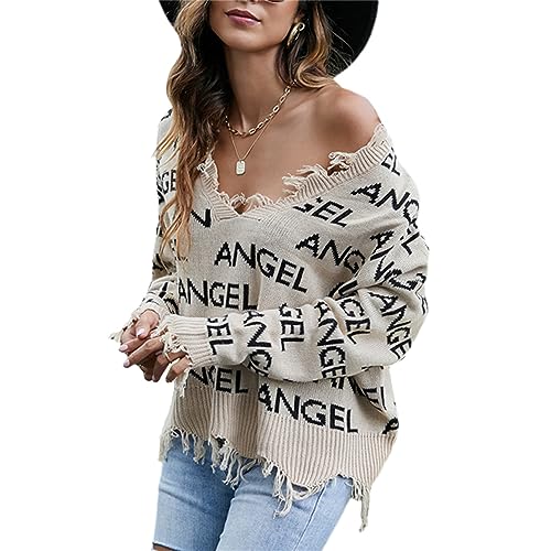 tinetill Strickpullover Damen Zerrissene Kurz Pullover Langarm V Ausschnitt Oberteil Loose Feinstrick Pulli Y2K Jumper mit Blumenmuster Quasten Strickpullover Streetwear von tinetill