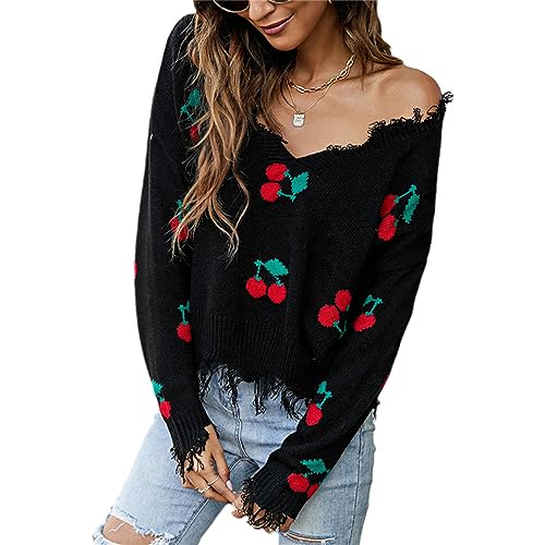 tinetill Strickpullover Damen Zerrissene Kurz Pullover Langarm V Ausschnitt Oberteil Loose Feinstrick Pulli Y2K Jumper mit Blumenmuster Quasten Strickpullover Streetwear von tinetill