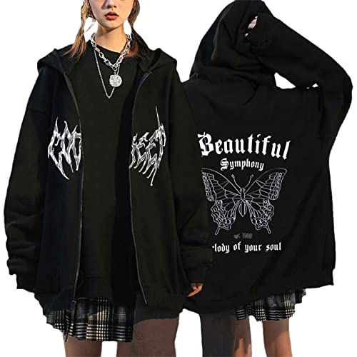 tinetill Sweatjacke Zip Hoodie Y2K Kapuzenpullover für Damen Hoodies Jacke Übergroße Schmetterlinge Pullover Aesthetic Kapuzenjacke Baggy 90S E-Girl Fashion Harajuku Vintage Jacke Mantel Streetwear von tinetill