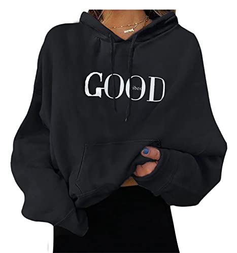 tinetill Sweatshirt Damen Buchstaben Druck Langarm Rundhals Pullover Kordelzug Warm Pulli Oversized Casual Bequem Teenager Mädchen Hoodie Herbst Winter Sportbekleidung Mit Taschen, B Schwarz von tinetill