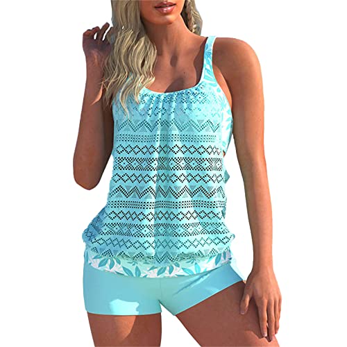 tinetill Tankini Damen Badeanzug Spitze Bademode Ausgehöhlt Zweiteilig Beachwear Push Up Bikini Tank Top mit Hot Pants Strand Swimsuits von tinetill