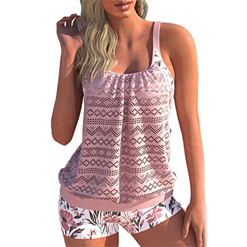 tinetill Tankini Damen Badeanzug Spitze Bademode Ausgehöhlt Zweiteilig Beachwear Push Up Bikini Tank Top mit Hot Pants Strand Swimsuits von tinetill