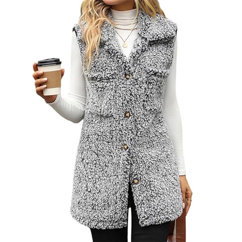 tinetill Teddy Fleece Weste Damen Ärmellos mit Knopfleiste Flauschige Weste Warm Gefüttert Mode Westen Fleeceweste von tinetill