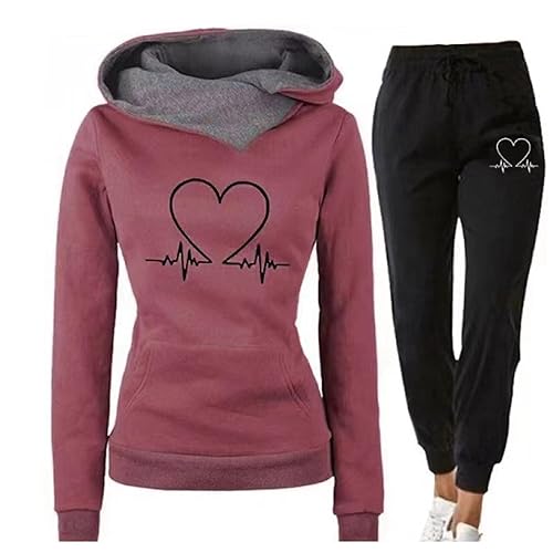 tinetill Trainingsanzug Outfit Damen Jogginganzug Set 2 Teilig Herzmuster Heartbeat Print Hoodie Sweatshirt Outfit Hoher Taille Fleece Sport Hosenanzug Streetstyle Set von tinetill