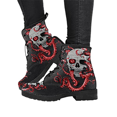 tinetill Winterstiefel Damen Winterschuhe Kurze Stiefel Gothic Chelsea Boot Punk Stiefeletten Biker Boot Knöchel Frauen Stiefel Mit Blockabsatz Gotisch Retro Drucken Kurze Stiefeletten von tinetill