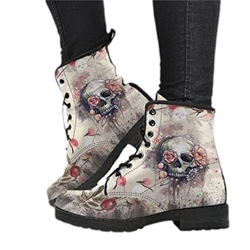 tinetill Winterstiefel Damen Winterschuhe Kurze Stiefel Gothic Chelsea Boot Punk Stiefeletten Biker Boot Knöchel Frauen Stiefel Mit Blockabsatz Gotisch Retro Drucken Kurze Stiefeletten von tinetill