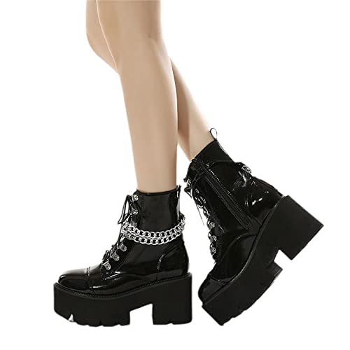 tinetill Winterstiefel Damen Winterschuhe Kurzschaft Schnürstiefel Gothic Vintage Stiefeletten Schuhe Plateau Stiefel Reißverschluss Chunky Heel Schuhe von tinetill