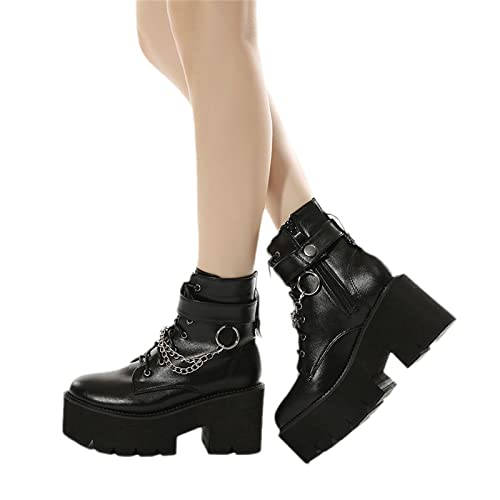 tinetill Winterstiefel Damen Winterschuhe Kurzschaft Schnürstiefel Gothic Vintage Stiefeletten Schuhe Plateau Stiefel Reißverschluss Chunky Heel Schuhe von tinetill