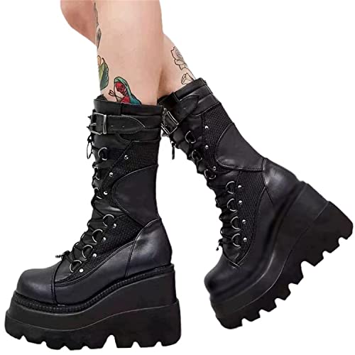 tinetill Winterstiefel Damen Winterschuhe Kurzschaft Schnürstiefel Gothic Vintage Stiefeletten Schuhe Plateau Stiefel Reißverschluss Chunky Heel Schuhe von tinetill