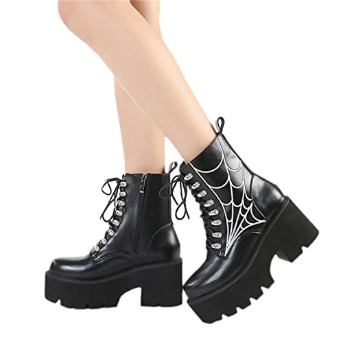 tinetill Winterstiefel Damen Winterschuhe Kurzschaft Schnürstiefel Gothic Vintage Stiefeletten Schuhe Plateau Stiefel Reißverschluss Chunky Heel Schuhe von tinetill