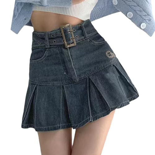 tinetill Y2K Jeansrock Damen Faltenrock Minirock Hohe Taille Jean A-Linie Denim Rock Sommerrock Vintage Kurze Jean Röcke Lässig Club Cargo Gothic Punk von tinetill