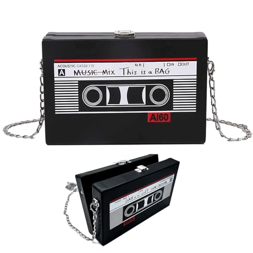 Kassette Handtasche Retro Umhängetasche Damen Tasche Kassetten Schultertasche,Vintage Bankett Handtasche mit Kette,Schräge Schultertasche Radio Handtasche für 80er 90er Jahre Disco Party Dekoration von tintoke