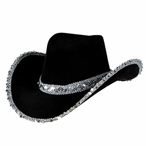 tinysiry Damen-Cowboyhut, flauschige Feder, Glitzer, breite Krempe, Pailletten, Cosplay-Kopfbedeckung für Party, Karneval, Western-Cowboyhut-Zubehör Schwarz von tinysiry