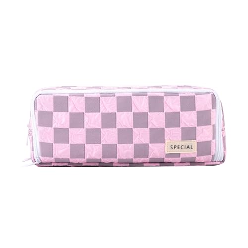 tinysiry Großes Federmäppchen, Stifttasche mit 3 Fächern, Make-up-Kosmetiktasche mit Schachbrettmuster, Organizer für Schulbriefpapier für Kinder, Teenager, Studenten Rosa von tinysiry