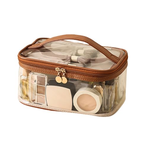 tinysiry Transparente Reise-Make-up-Tasche, wasserdichte Kulturtasche mit Griff, doppellagige Make-up-Tasche, Kulturbeutel mit Reißverschluss für Frauen, transparente Kosmetiktasche Braun von tinysiry