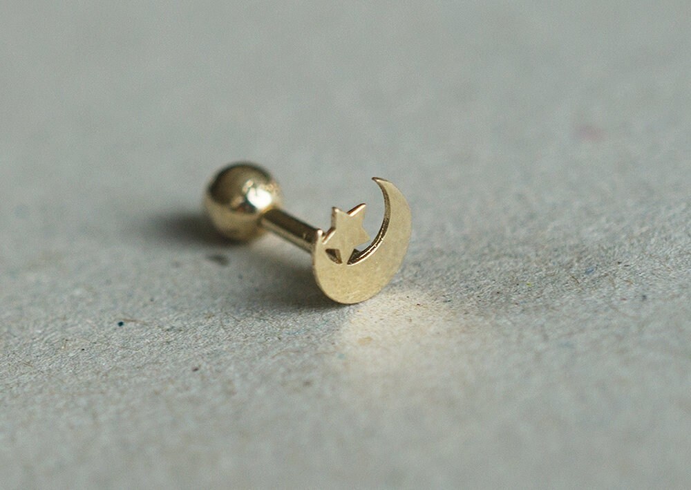 14K Solid Gold Tiny Convex Crescent Moon End Barbell Piercing 18G, 3/16 "5 Mm Post Echt - Tgp4002 von tinytinygold
