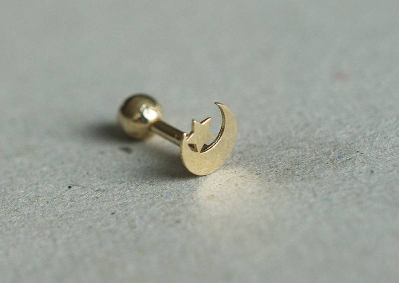 14K Solid Gold Tiny Convex Crescent Moon End Barbell Piercing 18G, 3/16 "5 Mm Post Echt - Tgp4002 von tinytinygold