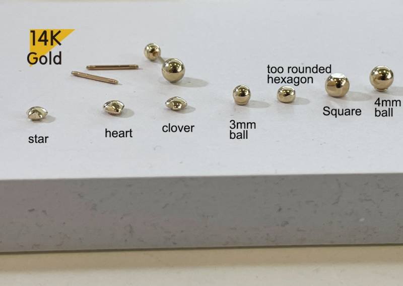 Einzelstück - 14K Solid Gold Piercing Einzelstück 6 8 10 Mm Post Tiny Barbell Kugel Stern Kleeblatt Hexagon Herz Vierkant Schraubverschluss von tinytinygold