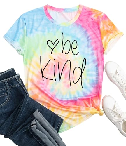 Batik Shirt Damen Be Kind Gradient Regenbogen T-Shirts Frauen Inspirative Lehrer Kurze Ärmel （Tie-Dye1,Klein von tiorhooe