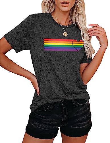 Damen LGBT Gay Pride Month T-Shirts Frauen Pride Shirt Frau Regenbogen Print Kurzarm Top （Grau2,Mittel von tiorhooe