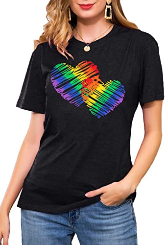 Damen LGBT Gay Pride Month T-Shirts Frauen Pride Shirt Frau Regenbogen Print Kurzarm Top （Schwarz1,Mittel von tiorhooe