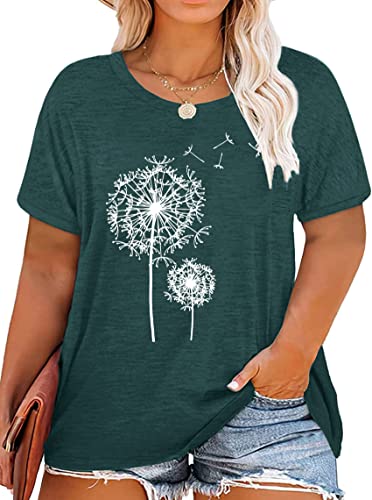 Damen Oversize Shirt Frauen Große Größen Dandelion T Shirts Frau Plus Size Wildflower Motiven Top （Grün,2XL von tiorhooe