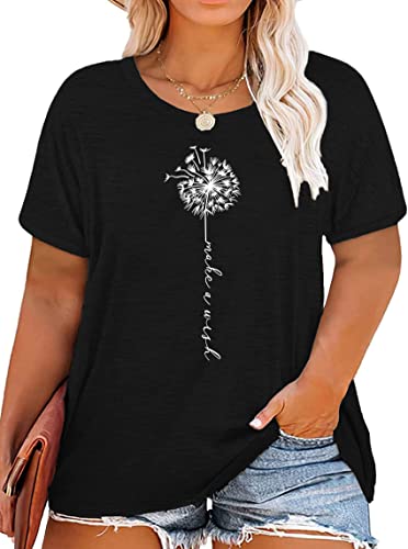 Damen Oversize Shirt Frauen Große Größen Dandelion T Shirts Frau Plus Size Wildflower Motiven Top （Schwarz,2XL von tiorhooe