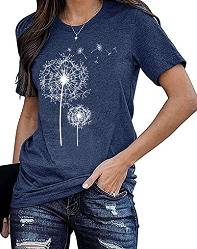 Damen Pusteblume T-Shirt Frauen Blume Muster Shirt Frau Nette Casual Kurzarm Tops (Blau，Groß) von tiorhooe