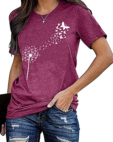 Damen Pusteblume T-Shirt Frauen Blume Muster Shirt Frau Nette Casual Kurzarm Tops von tiorhooe