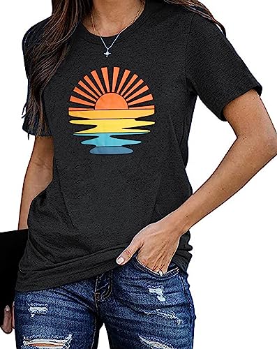 Sunshine Shirt Damen Retro Wander T-Shirt Für Frauen Sommer Vintage Graphic Tees （Grau,Mittel von tiorhooe