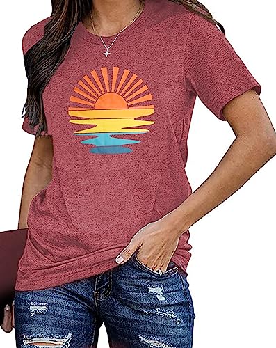 Sunshine Shirt Damen Retro Wander T-Shirt Für Frauen Sommer Vintage Graphic Tees （Rosa,Mittel von tiorhooe