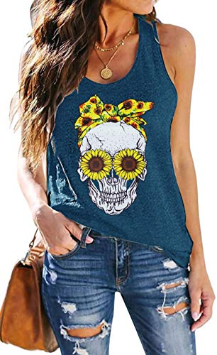 Damen Totenkopf Tank Tops Frauen Ärmellose Skull Sonnenblume T-Shirt Frau Lustig Schädel Shirts （Blau,Klein von tiorhooe