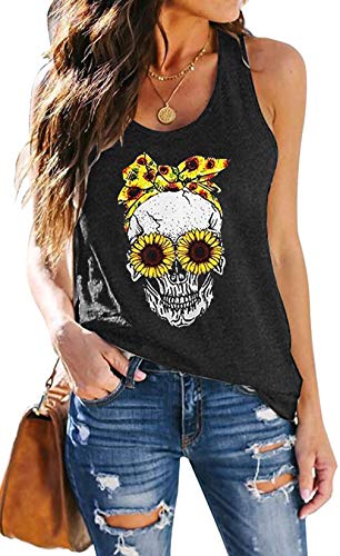 Damen Totenkopf Tank Tops Frauen Ärmellose Skull Sonnenblume T-Shirt Frau Lustig Schädel Shirts （Grau,Mittel von tiorhooe