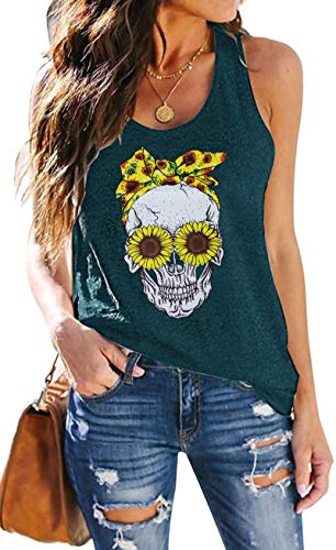 Damen Totenkopf Tank Tops Frauen Ärmellose Skull Sonnenblume T-Shirt Frau Lustig Schädel Shirts （Grün,Klein von tiorhooe