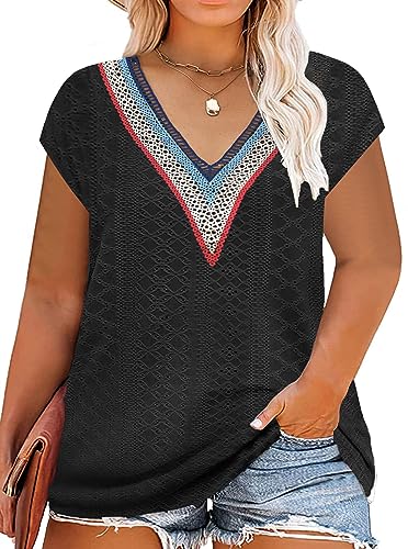 tiorhooe Große Größen T-Shirts Damen V-Ausschnitt Plus Size Mode Strick Top Sommer Oversize Frauen Tshirts von tiorhooe