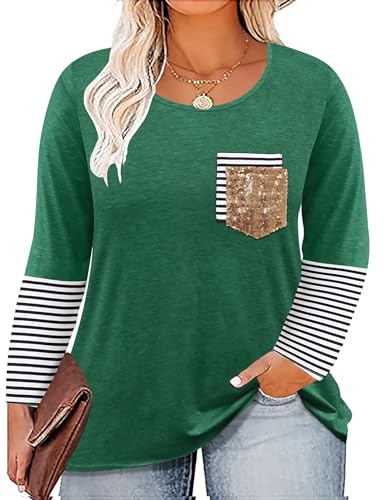 Langarmshirts für Damen Große Größen T Shirt Mit Brusttasche Pailletten Frauen Plus Size Langarm Top von tiorhooe