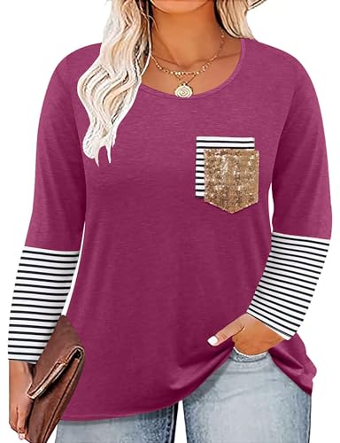 Langarmshirts für Damen Große Größen T Shirt Mit Brusttasche Pailletten Frauen Plus Size Langarm Top （Lila,3XL von tiorhooe