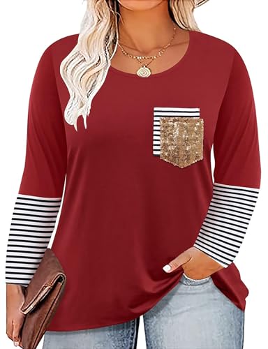 Langarmshirts für Damen Große Größen T Shirt Mit Brusttasche Pailletten Frauen Plus Size Langarm Top （Rot,3XL von tiorhooe