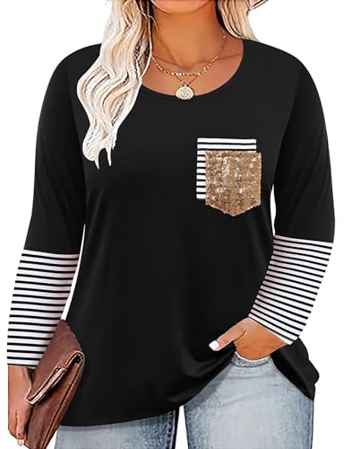 Langarmshirts für Damen Große Größen T Shirt Mit Brusttasche Pailletten Frauen Plus Size Langarm Top （Schwarz,3XL von tiorhooe