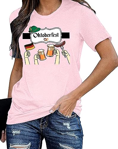 Oktoberfest Graphics T-Shirts Damen Cute Karneval Lässiges Kurzärmeliges Frau Tops Trachtenshirt Frauen （Rosa,Klein von tiorhooe