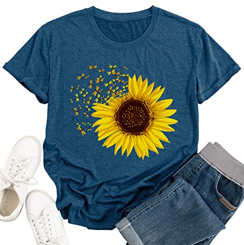 Damen Sonnenblumen Shirt Blume Muster T-Shirt Frau Nette Casual Kurzarm Tops (Grün，XX-Large) von tiorhooe